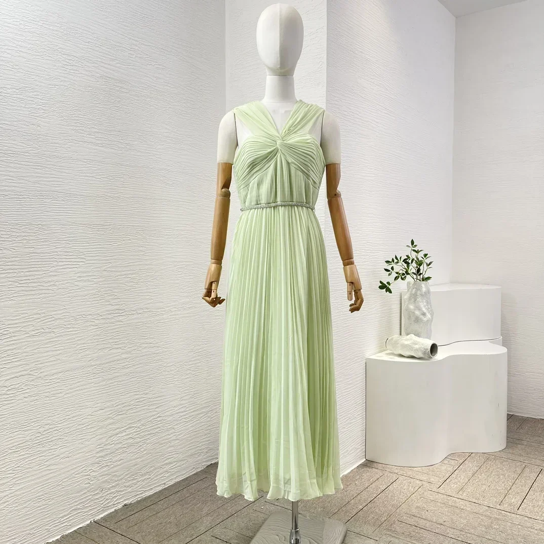 Women Light Green Chiffon One Shoulder Collar Sleeveless Back Zipper Closure Midi Dress 2024 Summer