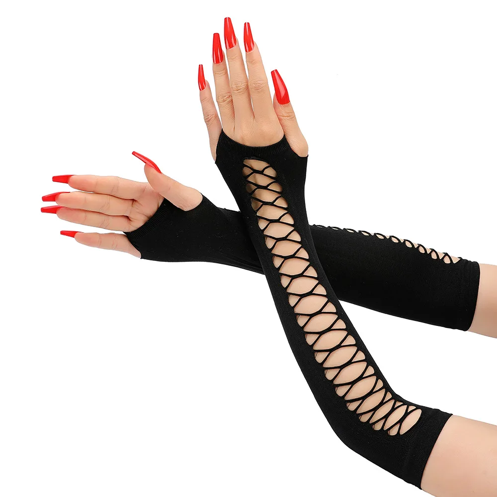 A Pair of Retro Party Cosplay Women's Mid Length Flat Finger Perforated Perforated Cross Mesh Elastic Gloves