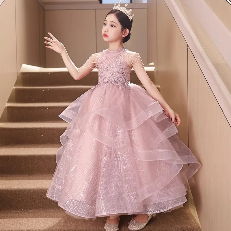 

Children's Dress Girl's Birthday Princess Dress New Pink Niche Children's Host Piano Performance Dress