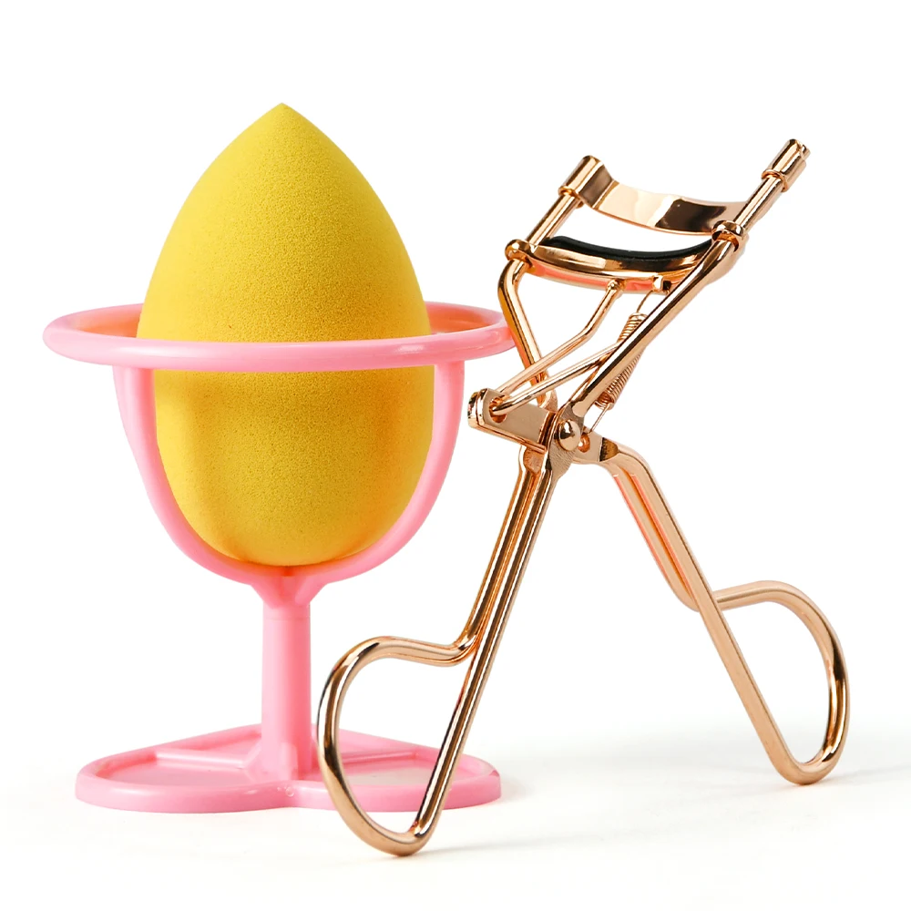 3 PCS Set Long Lasting Rose Gold Eyelash Curler Latex Free Beauty Egg Makeup Powder Puff with Blender Sponge Holder