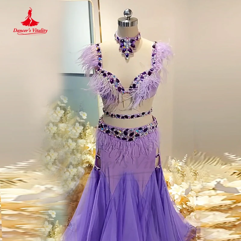 Belly Dance Performance Clothes Senior Feather Bra+ Fairy Hip Wrap Yarn Skirt Highend Customized for Women Bellydance Outfit