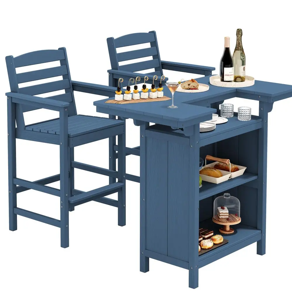 

Outdoor Bar Table Set 1 Table with 2 Chairs HDPE Blue Patio Bar Cabinet with 4Tier Storage amp Spacious Tabletop, Perfect for O