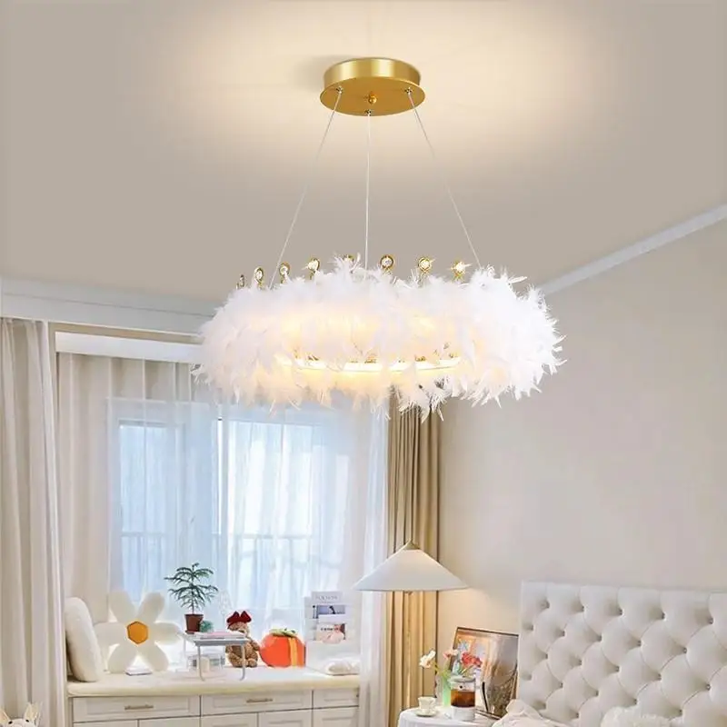 

Modern Feather Crown Chandeliers K9 Crystal Nordic Warm Romantic Princess Room Little Girl Bedroom living Room Decor Chandelier