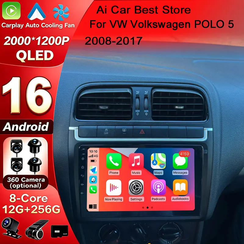 Wireless Carplay Auto Car Radio Stereo DSP 2 Din 4G WIFI QLED Multimedia Android 16 For VW Volkswagen POLO 5 2008-2017 Vento