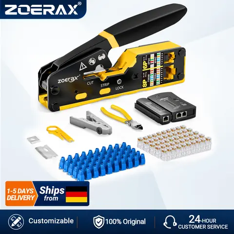 ZoeRax RJ45 CAT6 CAT5E CAT5 Crimp Tool Kit,Crimp tool,Cable Tester,Wire Cutter and Stripper,Blade,50PCS Connectors and Boots