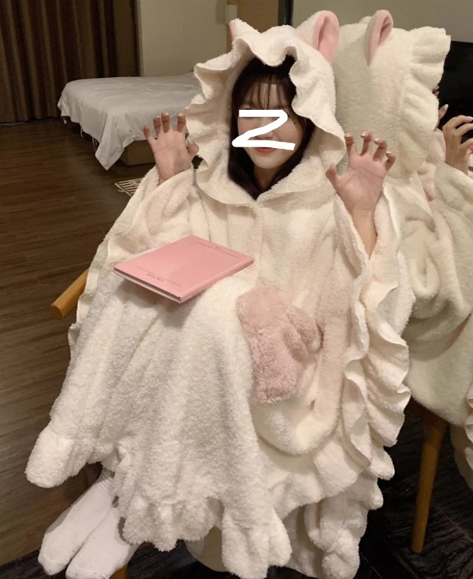 حجم كبير المرأة سميكة مقنعين ثوب النوم الخريف الشتاء لطيف المرجان الصوف كيب منامة موضة فضفاضة تنوعا المتسكعون مجموعة #5