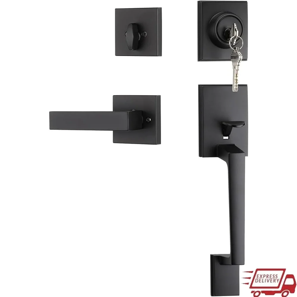 

Black Door Handle Deadbolt Set Entry Lock Reversible Handle Lever Security Latch Keyed Hardware Installation Kit Home Office