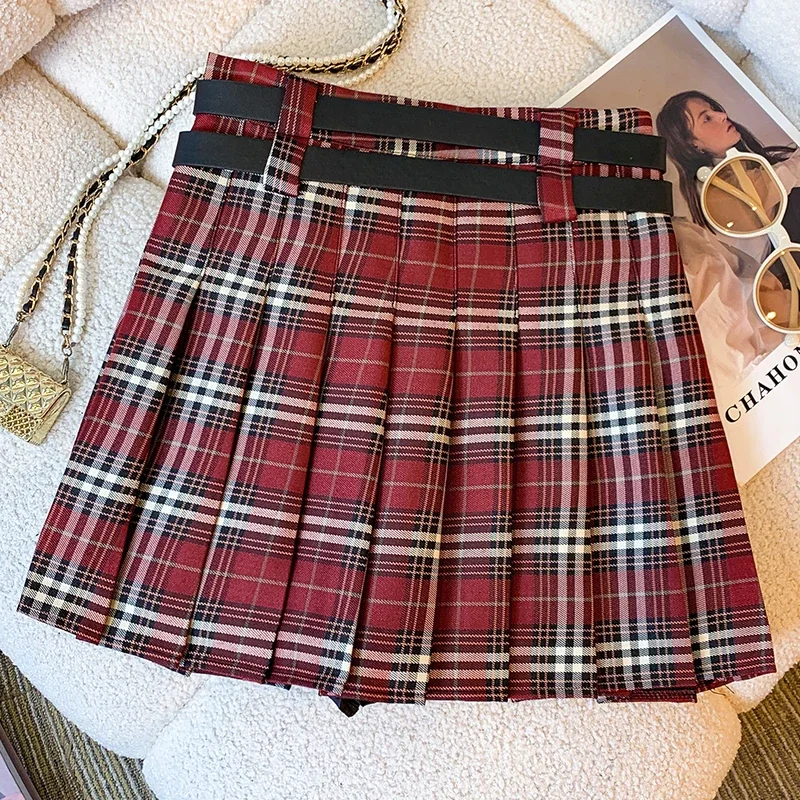 Dual-Gürtel Plaid Plissee Minirock Hohe Taille Boxy Tartan Rock Frauen Teengirl Preppy 90er Jahre Y2K Ästhetisches Frühlings-Sommer-Outfit