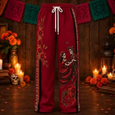 Mexican Day of The Dead Dancing with Undead Couples Skeleton Marigold and Butterfly Prints Trendy Loose Casual Versatile Pants