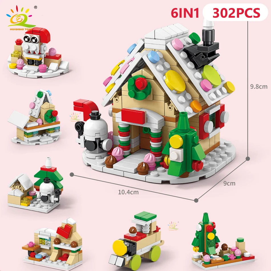 HUIQIBAO 6IN1 Kerst Elanden Herten Kerstman Bouwstenen Stad Sneeuw Huis Kerstboom Bricks Set Speelgoed voor Kinderen Kids Gift