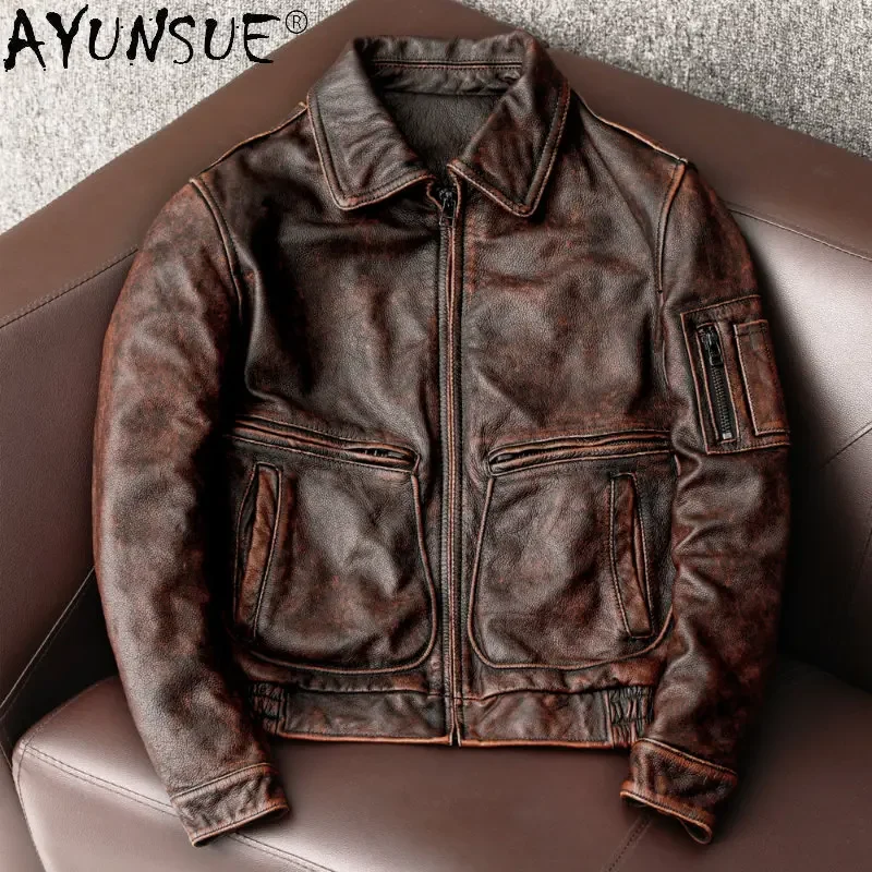 

AYUNSUE Real Cow Leather Jacket Men Vintage Short Cowhide Coats Fashion Autumn Genuine Leather Coats Bomber Jacket Men Chaquetas