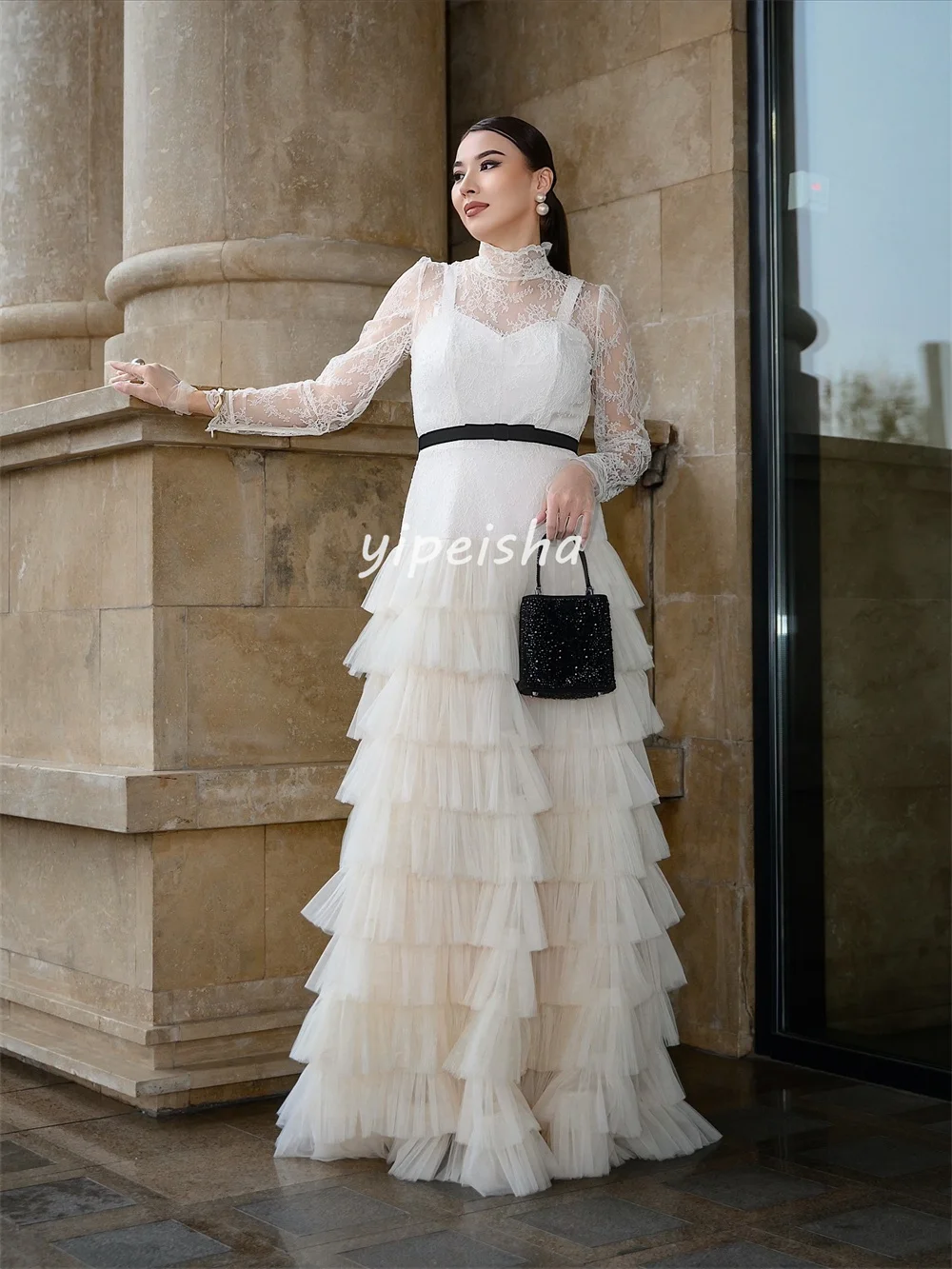 تخصيص مطابقة رائعة تول الطية المتدرج وشاح الدانتيل ألف خط عالية الياقة فساتين طويلة مخصصة فساتين المناسبات الموضة