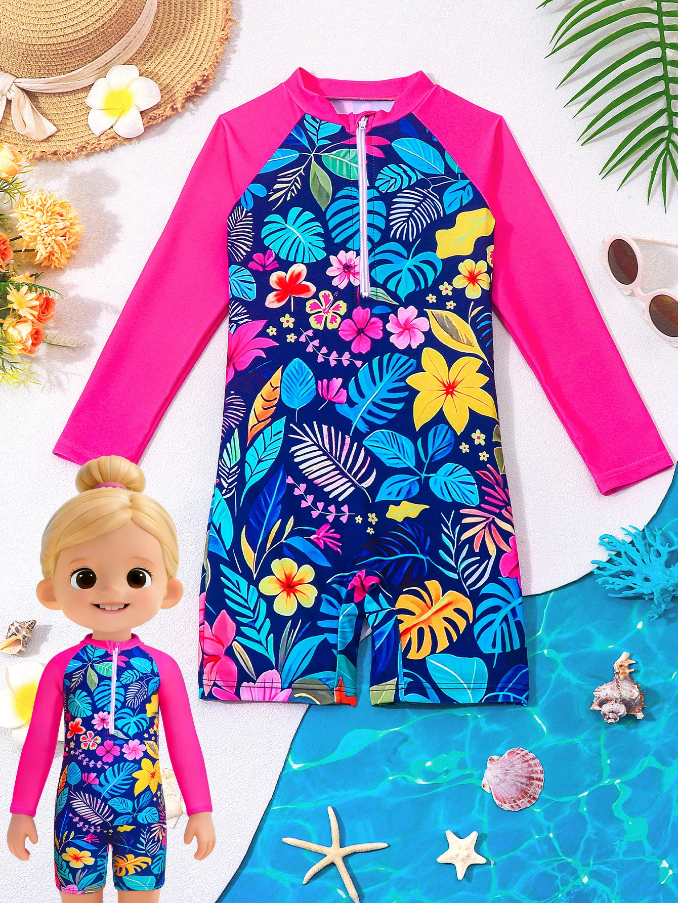 Einteiliger Badeanzug für Mädchen, hawaiianische Badeshirts, tropische Pflanzenblumen, Badebekleidung, Badeanzug mit Reißverschluss vorne