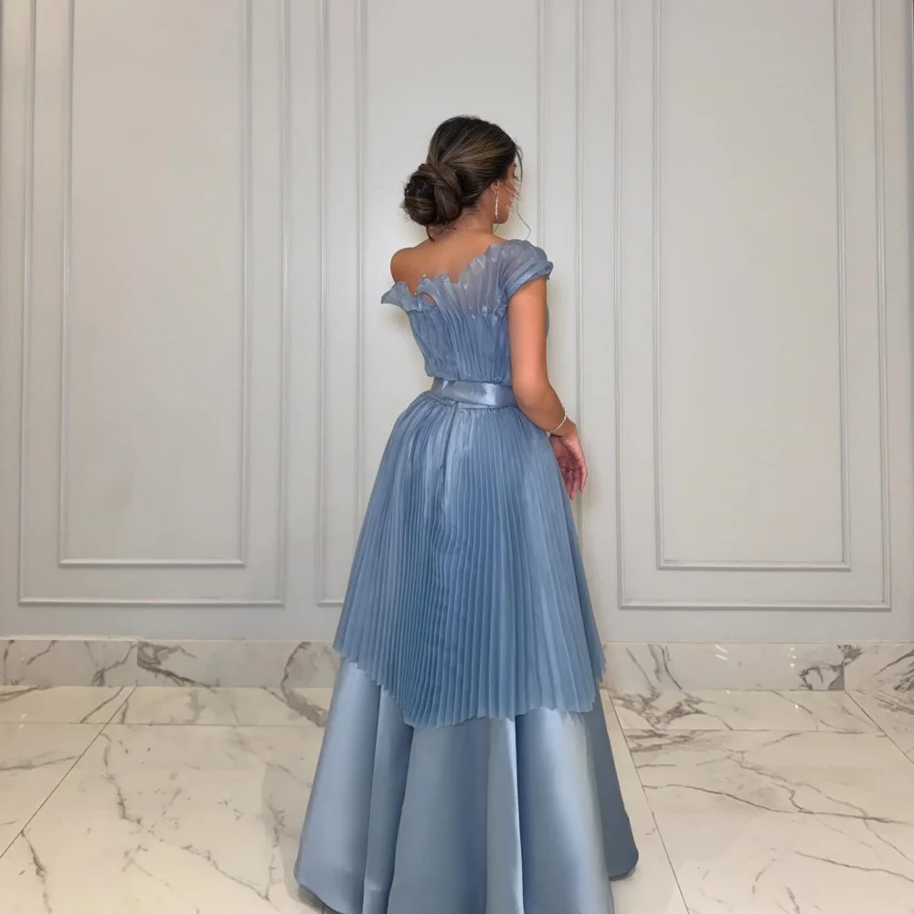 Bella Customized Blue One Shoulder Satin Mesh Fabric robes de soirée Strapless Evening Dresses Floor-Length Wedding Dress 2024