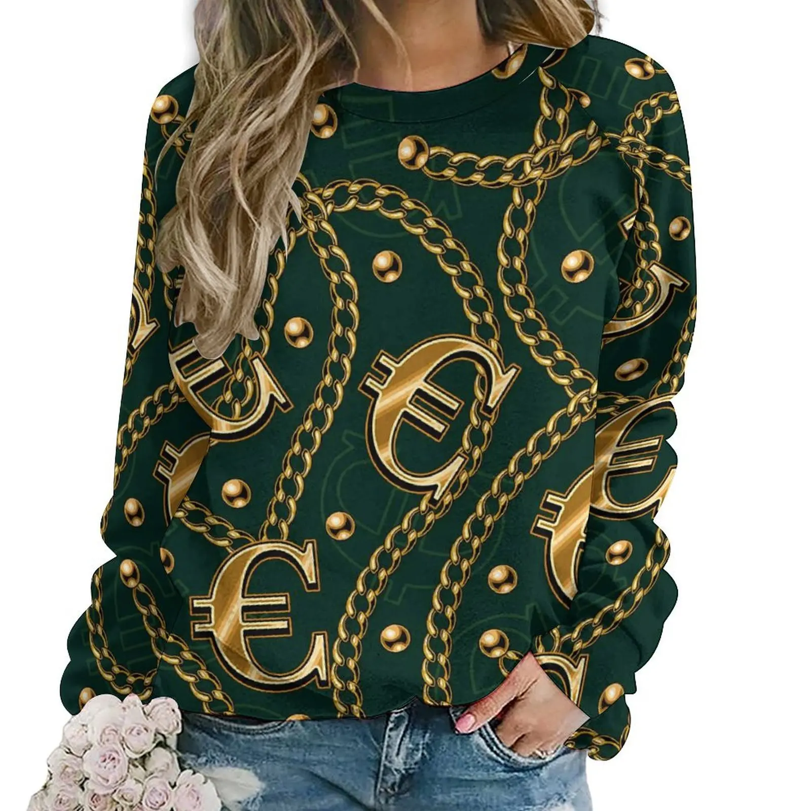 

Gold Chains Hoodies Womens Beads Print Street Style Casual Hoodie Long Sleeve Cool Design Sweatshirts Big Size