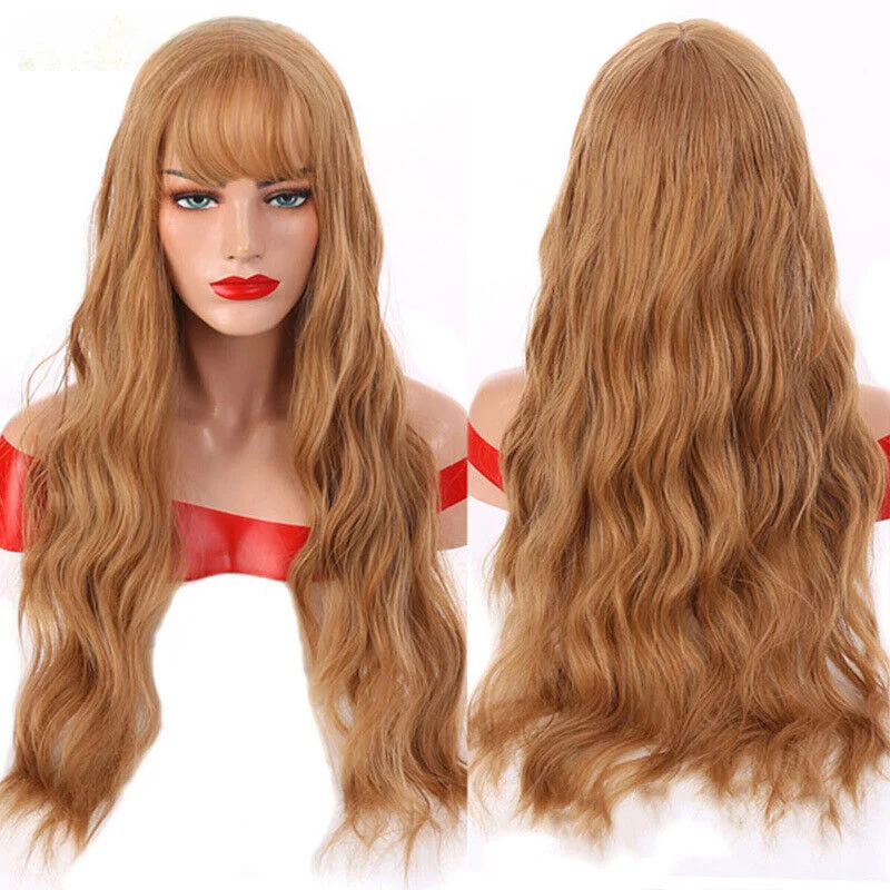 Long Wavy Wig with Bangs Flax Blonde Synthetic Wigs