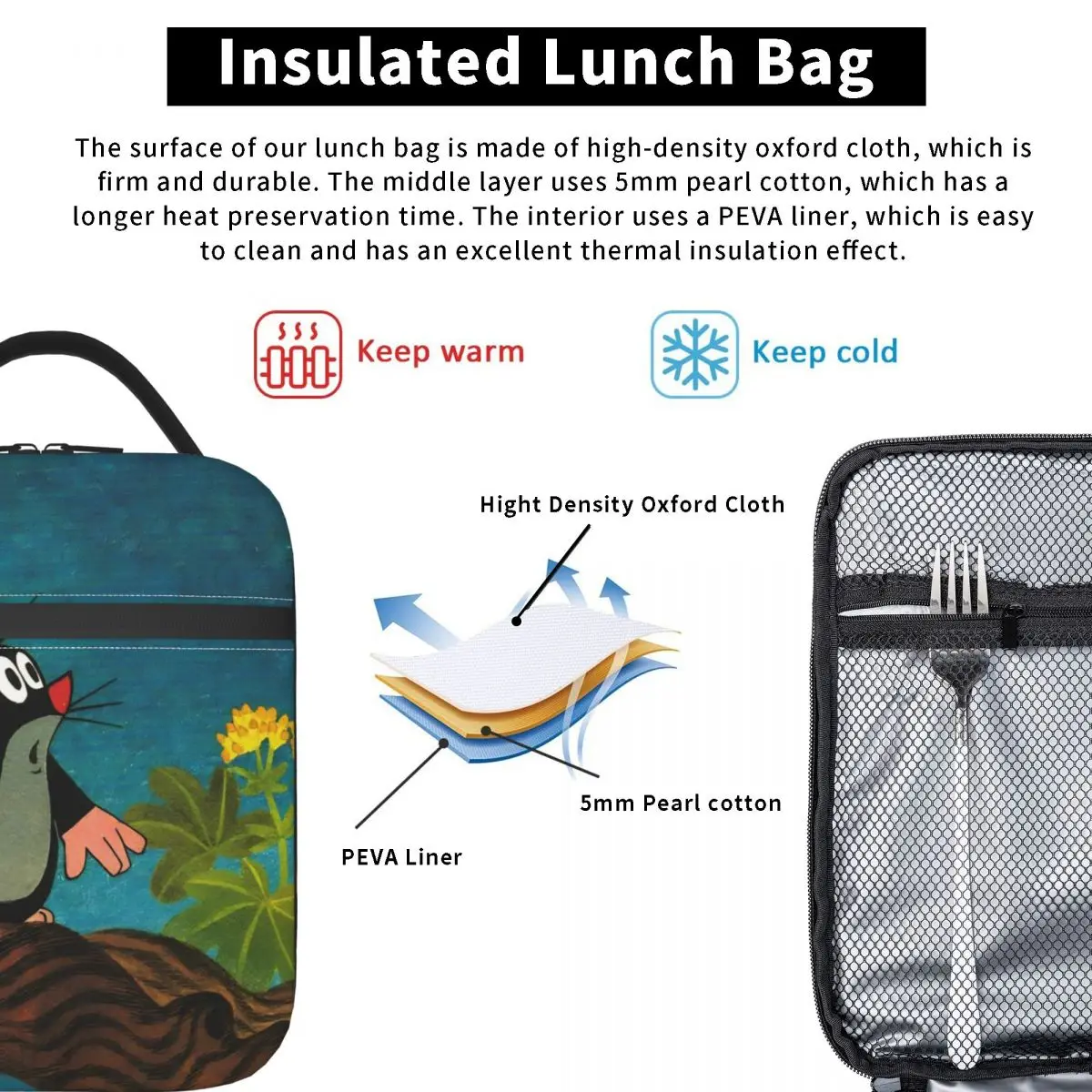 Torba termiczna na lunch Little Mole   Pojemnik na posiłki, torba na lunch, kreskówkowy, szczelny, torba termiczna, torba na jedzenie, do szkoły, na podróże