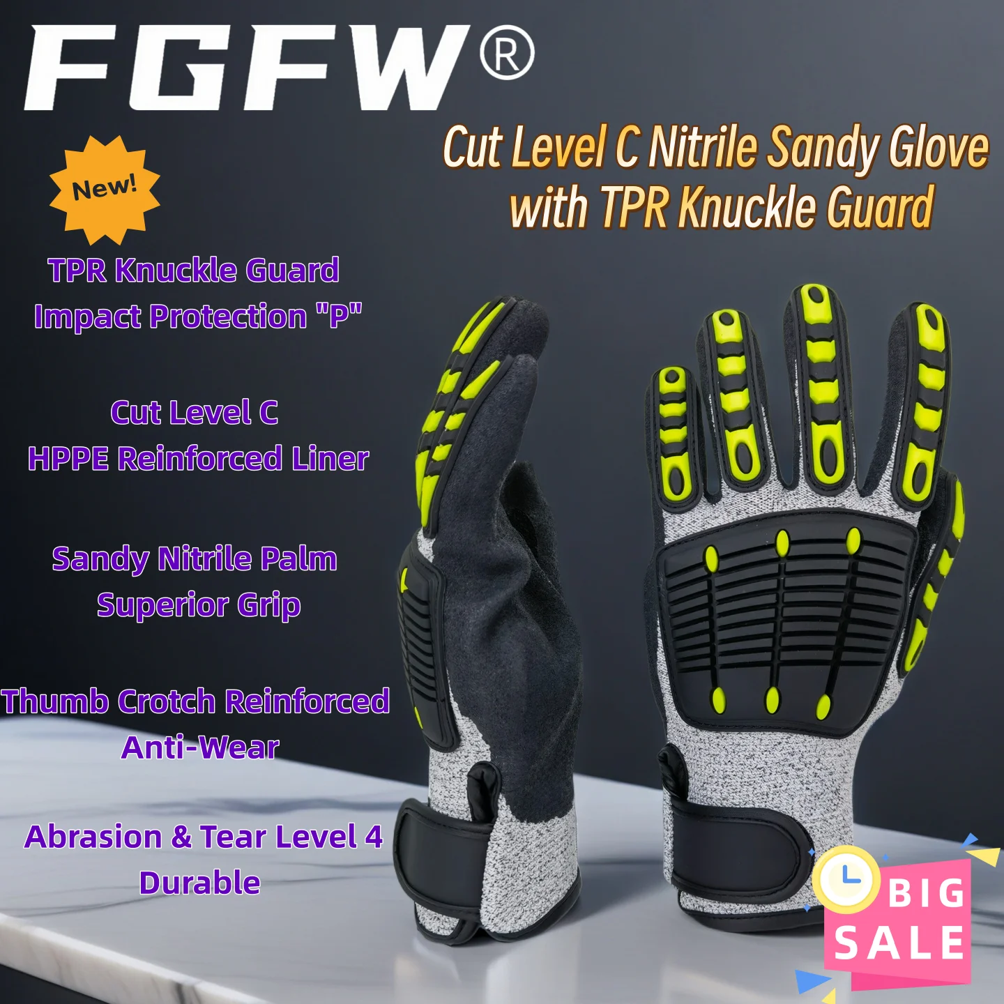 Cut Resistant Gloves Level C, Nitrile Sandy Work Gloves with TPR Knuckle Guard, EN388 4X42CP Safety Gloves for Mechanics