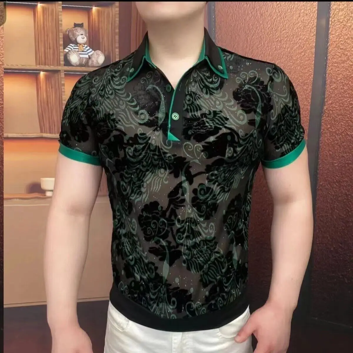 

Summer Men's Polo Shirt Velvet Hollow Carved Short Sleeved Polo Shirt Fashion Slim Fit Elastic Casual Business Lape T-shirts