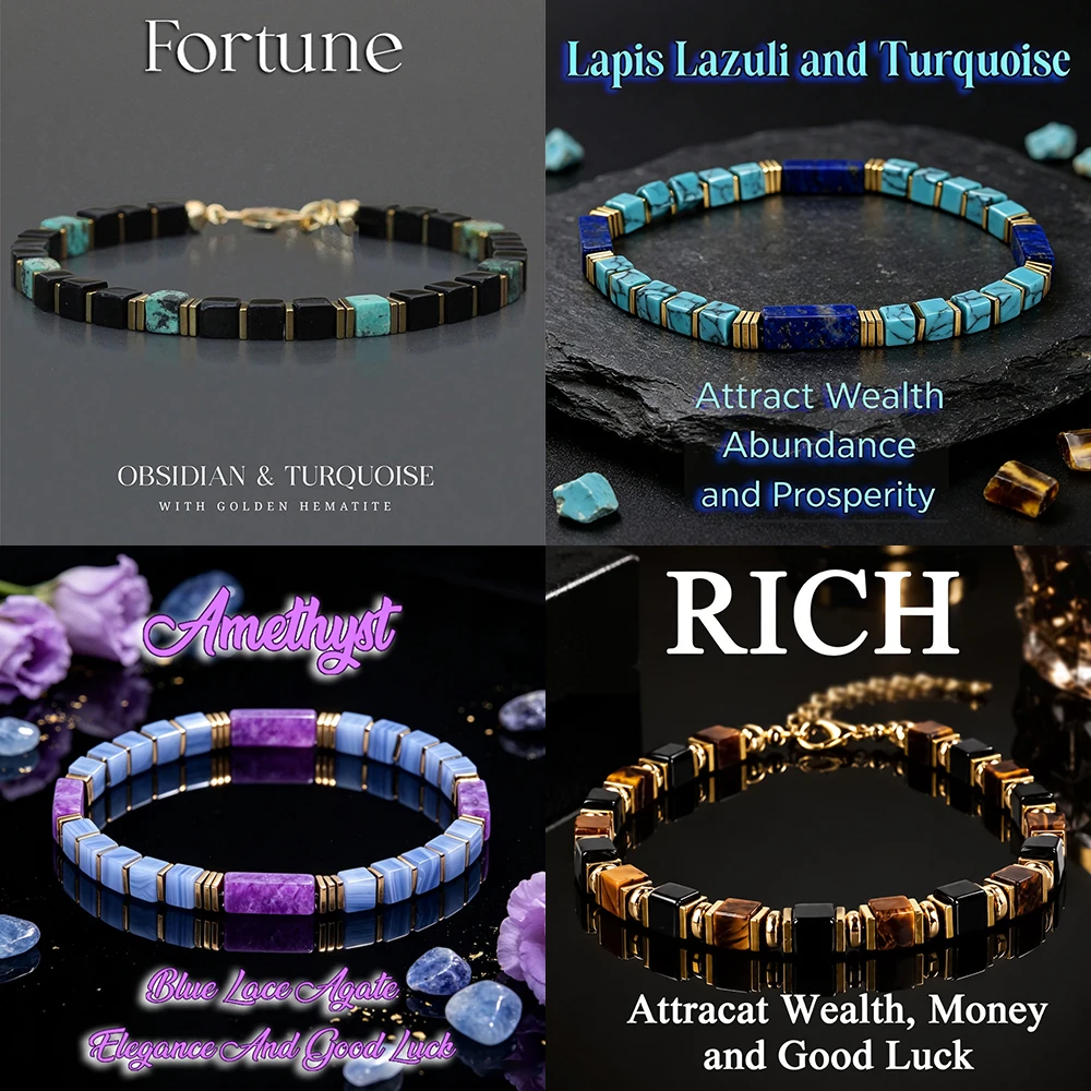 Casual Turquoise and Obsidian Square Beaded Good Luck Bracelet Handmade Hypoallergenic Skin-friendly Jewelry Attracts Happiness