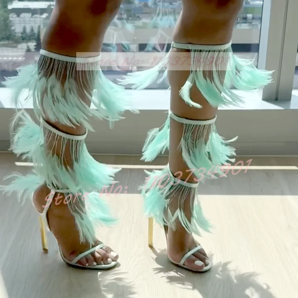 

Feather Gladiator Mid Calf Sandals Female Party Buckle Cross Strap Open Toe Metal High Heels Shoes Women Sexy Nightclub Sandals