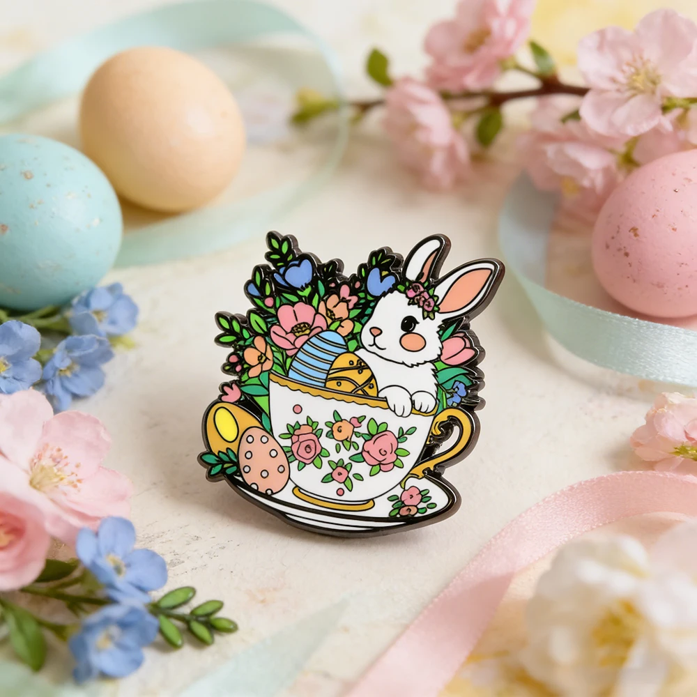 Osterhase in Blumen-Teebecher-Brosche Niedliche Pastell-Ei-Blumen-Emaille-Anstecknadel Frühlingsfest-Reversnadel Kleidungs- und Taschendekoration – Detail 3