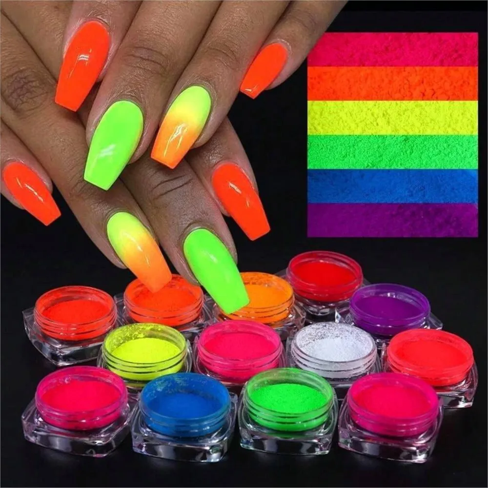 

1Set Colorful Neon Phosphor Pigment Powder Fluorescent Nail Art Neon Rainbow Chrome Pigment Gradient Effect Ombre Rubbing Dust