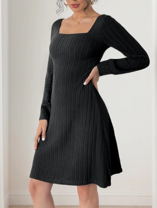 2025 Autumn Winter Spring New Fashion Casual Square Collar Backless Lace Brushed Pit Stripe Solid Color Long Sleeved Dress