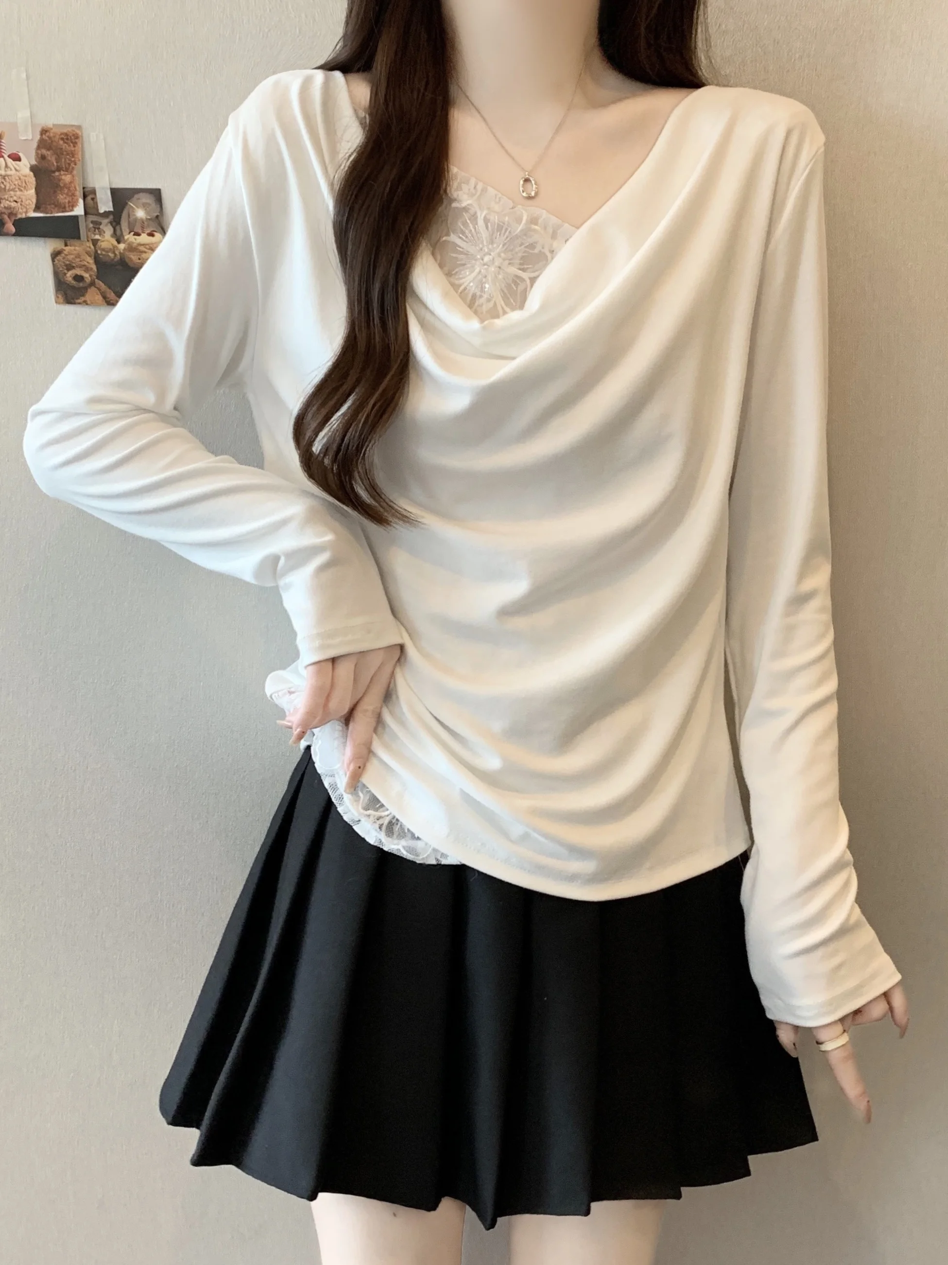 

Женская трикотажная футболка больших размеров с длинным рукавом, кружевной отделкой и вставками, дышащая, из полиэфирного волокна, французский стиль, приталенный крой