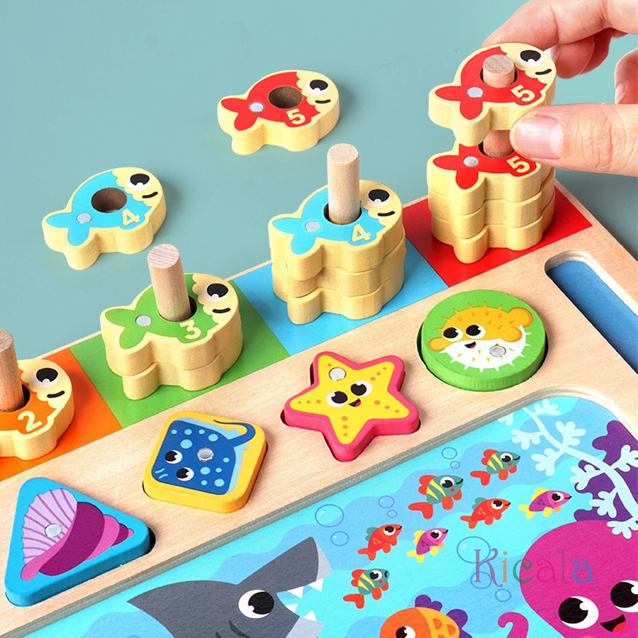 Baby Montessori Educatief Houten Rekenspeelgoed Kinderen Druk Bord Tellen Vorm Kleuren Match Vissen Puzzel Leren Speelgoed Geschenken