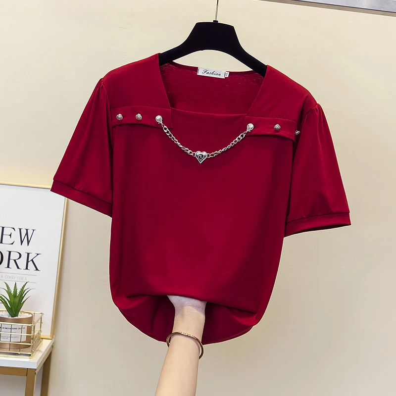 Black Red chain Tops For Women Short Sleeve Casual T Shirt Female Fashion New Clothing 2023 Summer 4XL