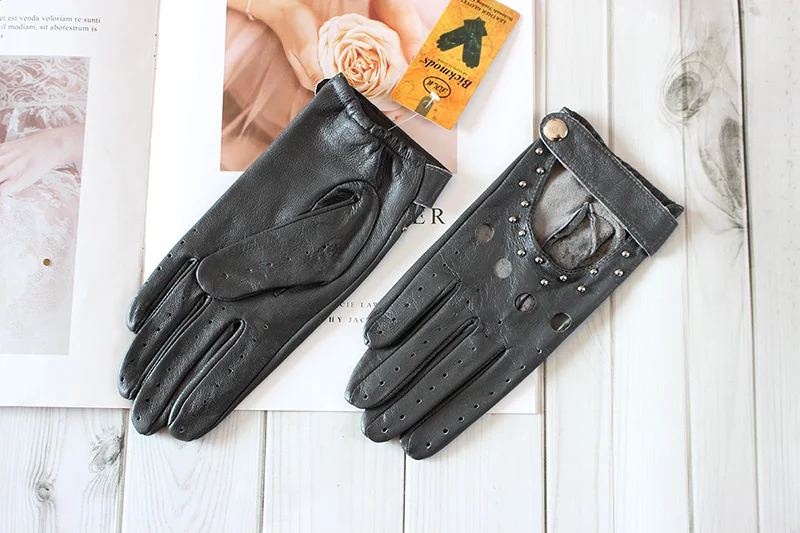 Women's Summer Leather Full Finger Gloves Unlined Thin Fashion Spring Autumn Motorcycle Riding Sheepskin Driving