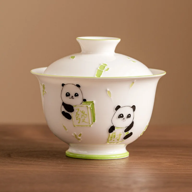 Panda Fortune Hand-painted Pile Carving Fortune Cover Bowl Teacup Dehua Ceramic Teacup With Cover Small Kung Fu Tea Set