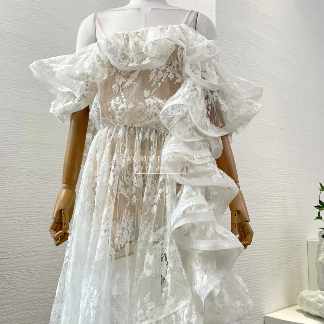 

2025 Women's White Sleeveless Backless Lace Patchwork Ruffles Pleat Irregular Hem Midi Dress