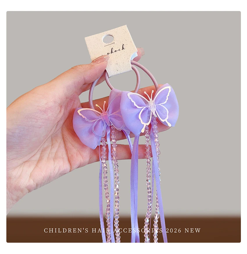 2026 Neu 2er-Set Schmetterlings-Haarschleifen mit Quasten und Kristallen – Hochelastisch, schadet den Haaren nicht, elastisch für Babys, Kleinkinder und Kinder – Geschenk – Detail 9