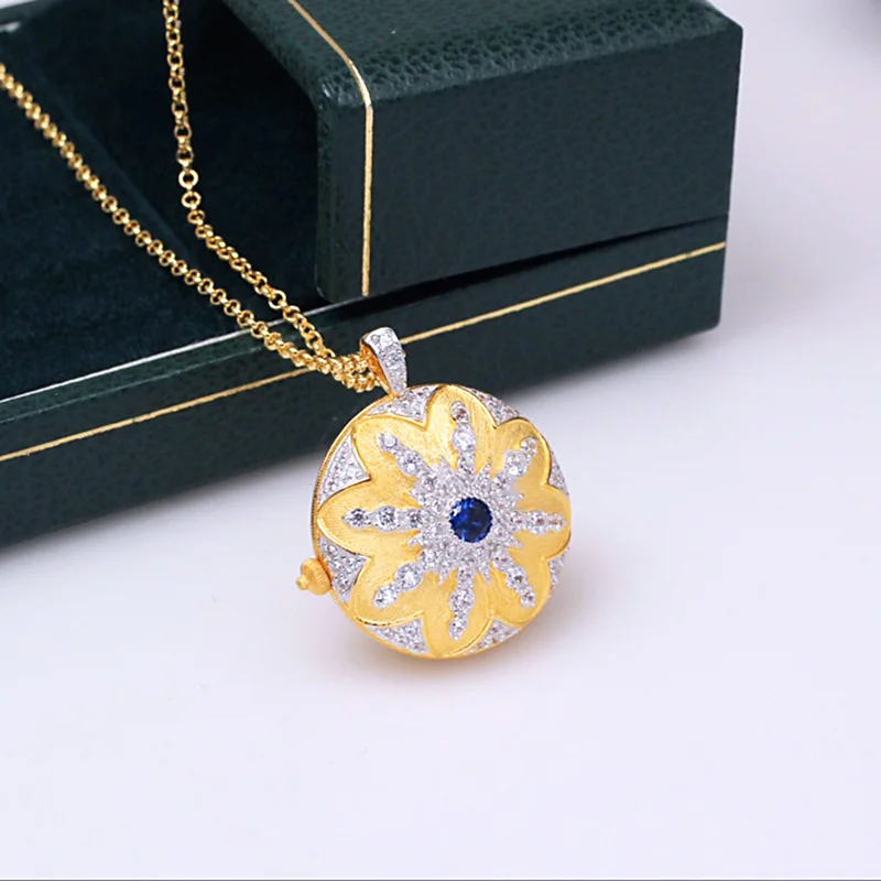 ZOCA Retro 925 Sterling Silver Gold Plated Blue Zircon Photo Clip Brushed Pendant Collection Boutique Jewelry Women Gift