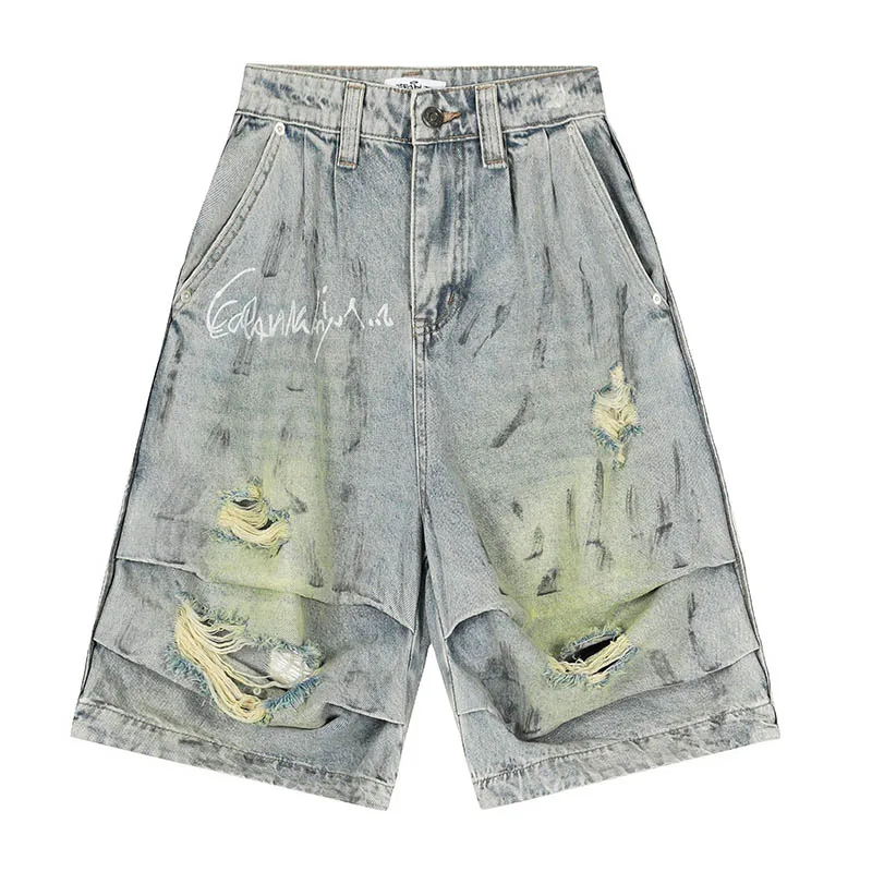 

Vintage Hip Hop Ripped Jeans Shorts Streetwear Washed Straight Denim Short For Male Patchwork
