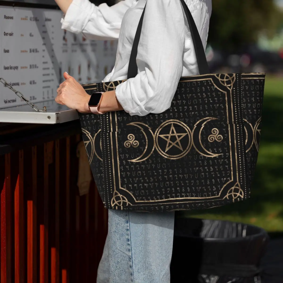 Triple Moon With Triskelion Pentagram Pagan Wiccan Beach Tote Bag Sport Gym Duffle Large Tote Bag Women Travel Bag Fitness bag