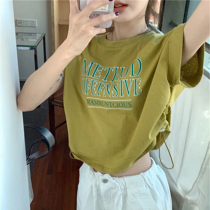 Women Short Sleeve Tee T-shirts Summer Clothes 2024 New Korean Popular Style Female Casual Loose Letter Print Drawstring Tops