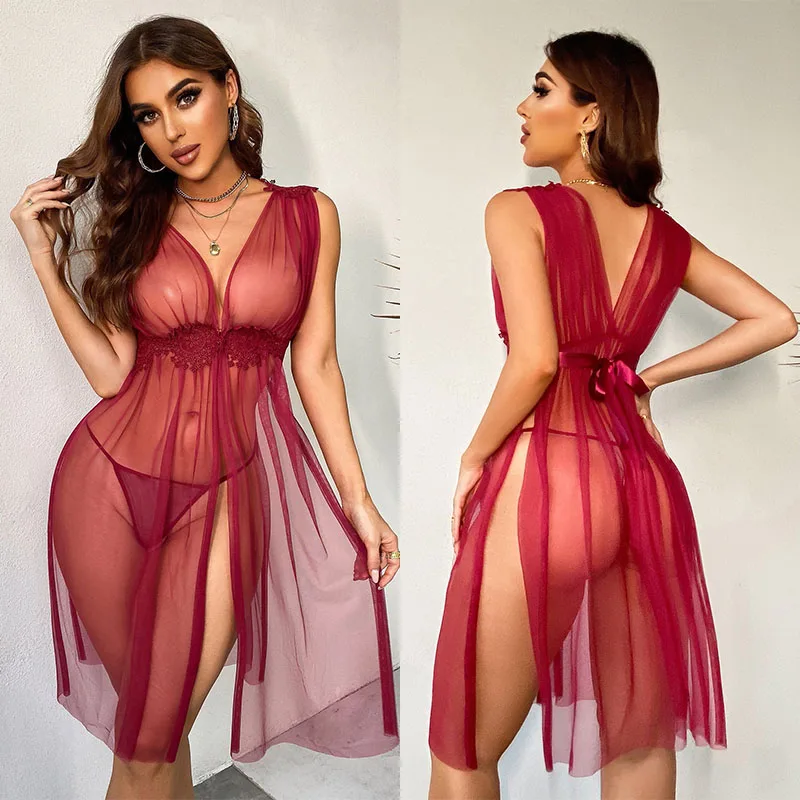 Floral Lace Long Dress Open Sleepwear Sexy Lingerie Woman Soft See-through Pajama Porn Roleplay Costume Erotic Nightgown Sex Set