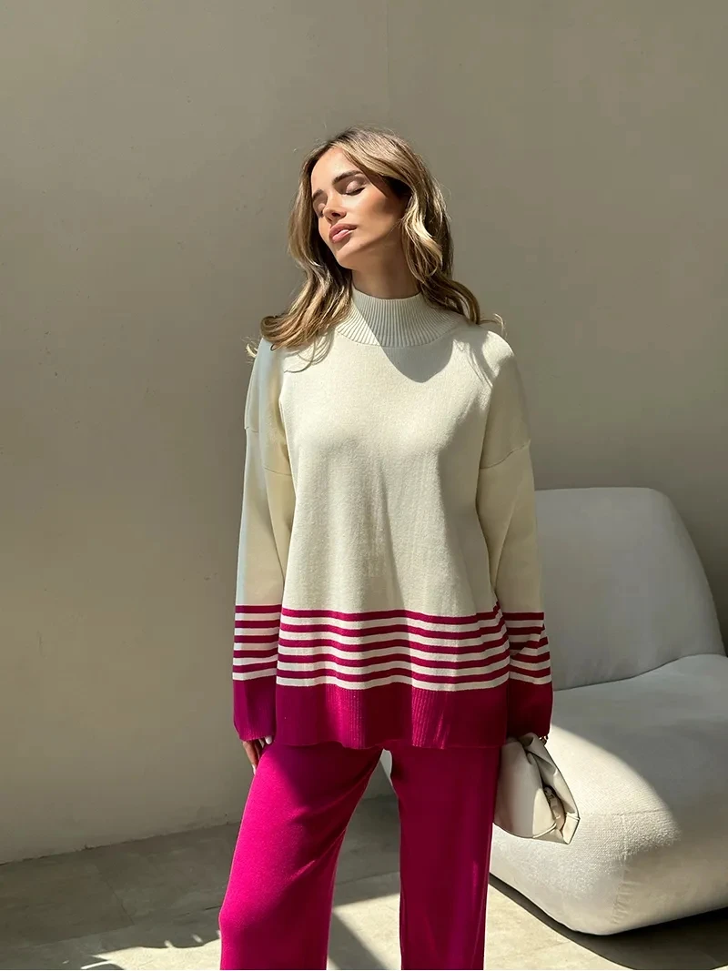 Knitted Two Piece Women Sleepwear Sets Winter Women Knit Suit Striped Turtleneck Sweater Home Suit 2 Piece Pants Sets for Women