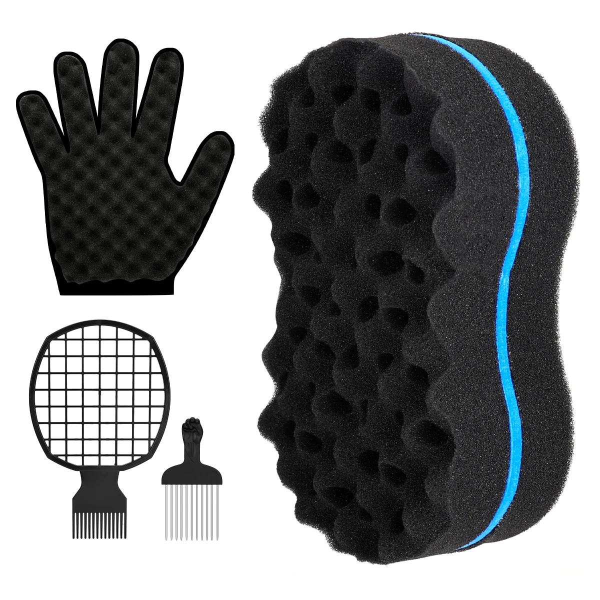 

4Pcs Set Black Men Afro Barber Curly Hair Fork Comb Twist Hair Brush Curling Sponge Gloves Brush Hairdressing Styling Tools