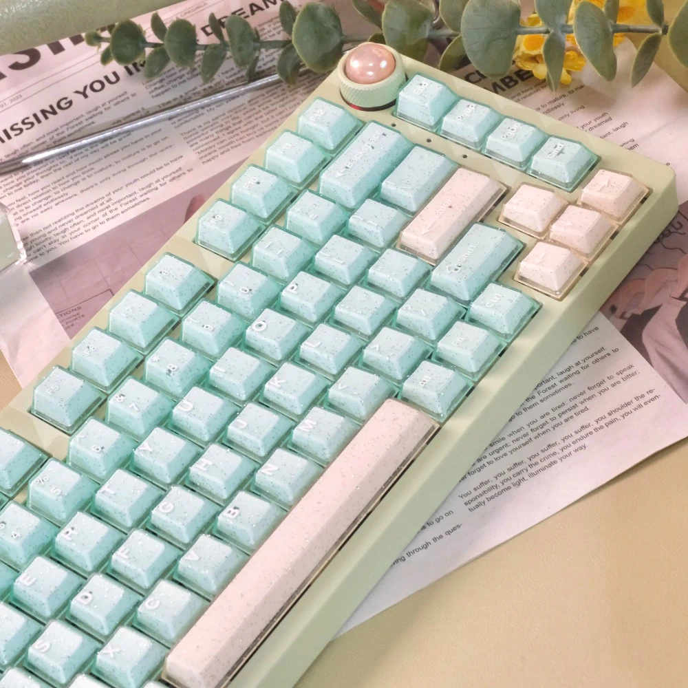 Peach Pink Glitter Keycap Set 160key PBT+PC Custom Cute Translucent Keyboard Cap Cherry Profile KeyCap for Mechanical Keyboard