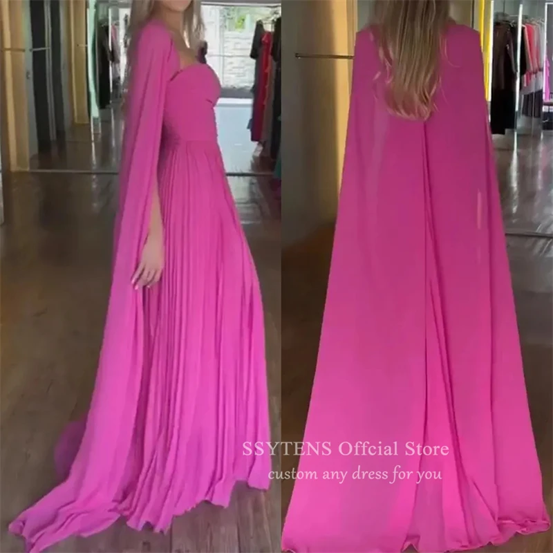 Pink Prom Dresses Strapless With Long Cape Robes De Soirée Chiffon Women Elegant Formal Party Evening Gowns Vestidos De Gala