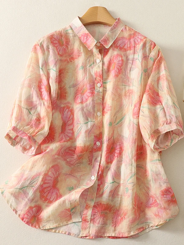 

Loose Fit Digital Print Short Sleeve Silk Shirt Women's Casual Style Artistic Turn-down Collar Top without Labels