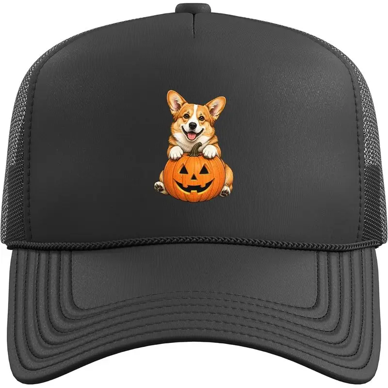 Corgi Dog Funny Jack O Lantern Pumpkin Halloween Trucker Hat with Adjustable Mesh Back