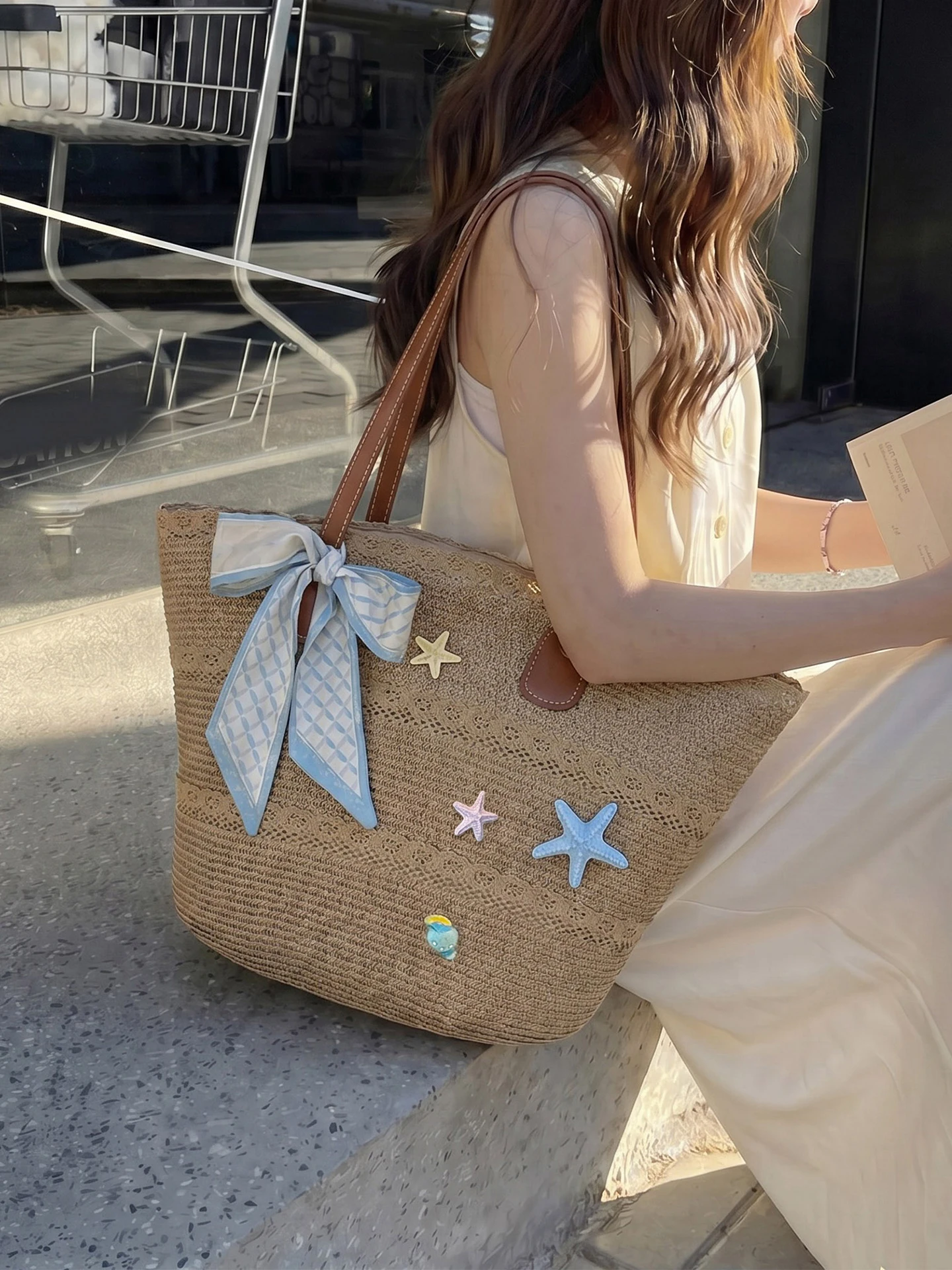 

Handwoven Straw Bucket Bag Women's Summer Vacation Shoulder Bag Large Capacity Casual Simple Style Beach Holiday Handbag