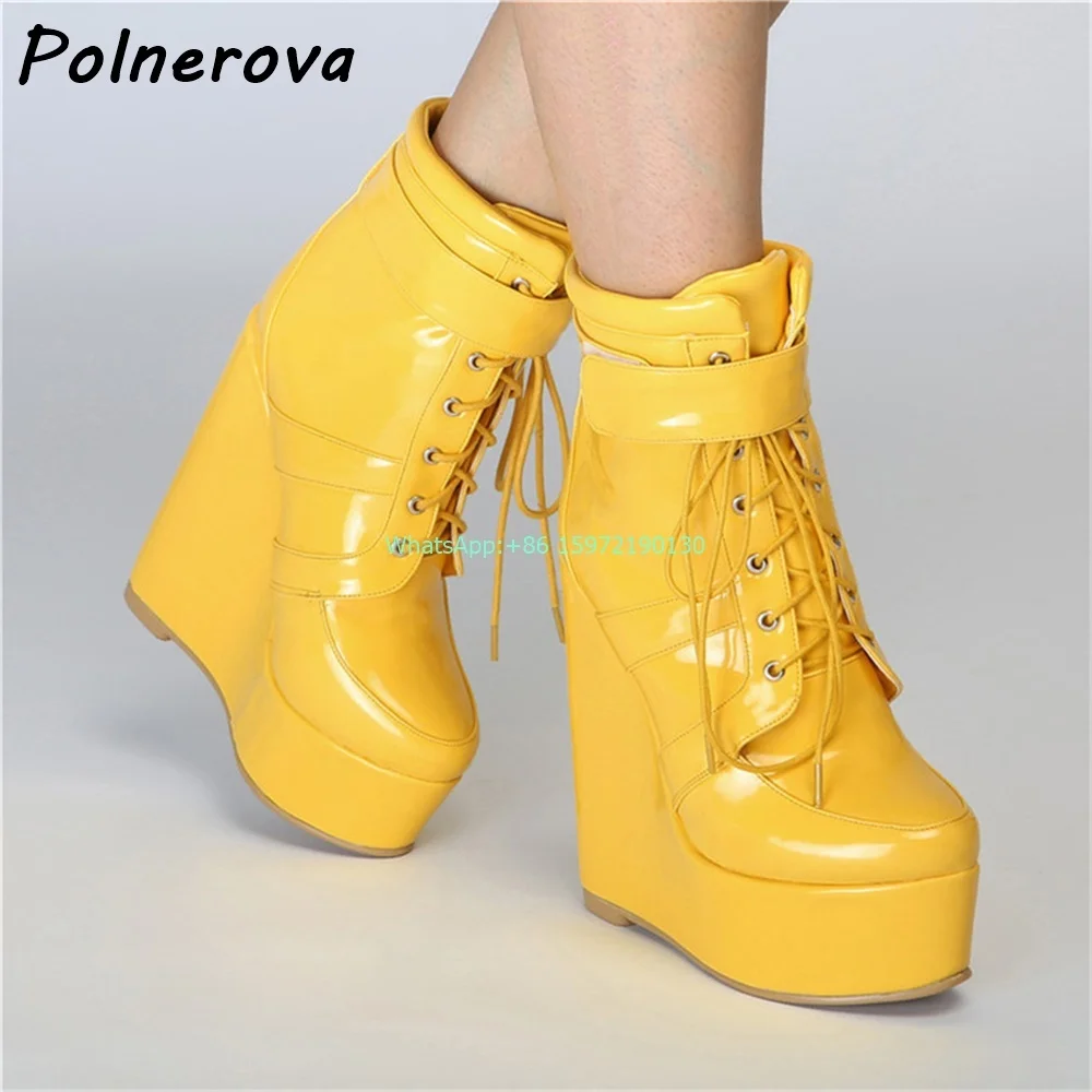 

Wedges Cross Tied Boots Leopard Yellow Round Toe Platform Lace Up Large Size Ankle Boots Hotties Gothic Concise Fashion Shoes