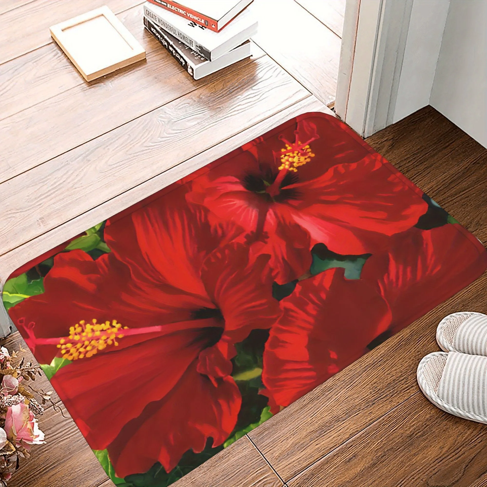 

1PC red flower Pattern Kitchen Rug Non-Slip Door Mat Pop design Bathroom Rug Bath Mat Carpet for Home Sink Laundry Decoreeree