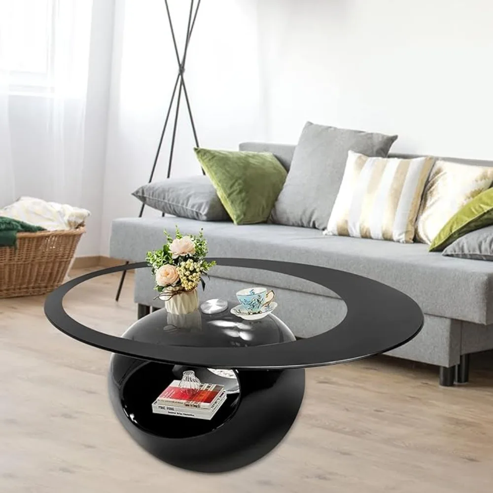 

Coffee Table, Tempered Glass Top High Gloss Hollow Storage Shelf, Coffee Table